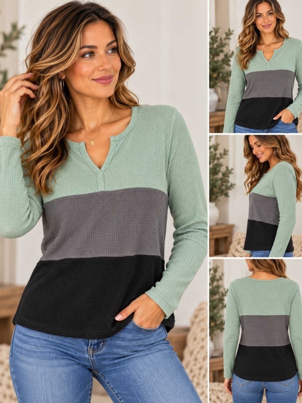 Waffle Knit Pullover — Sage, Gray & Black